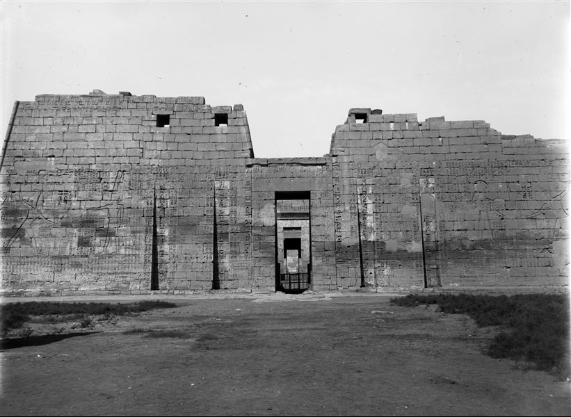 View of the first pylon’s external facade from the temple of Ramesses III. 