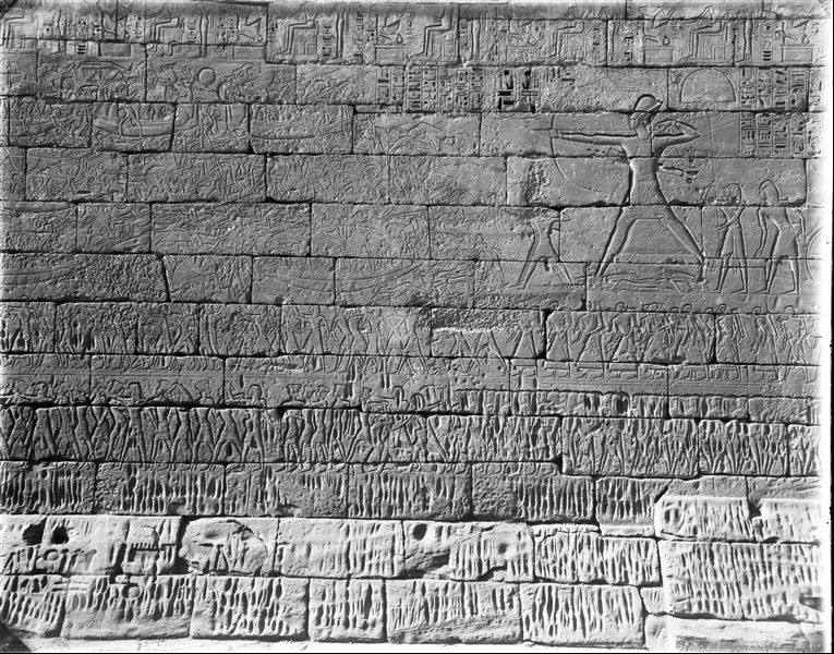 North wall, external facade from the temple of Ramesses III.  Naval battle scene between Ramesses III and the Sea Peoples. 