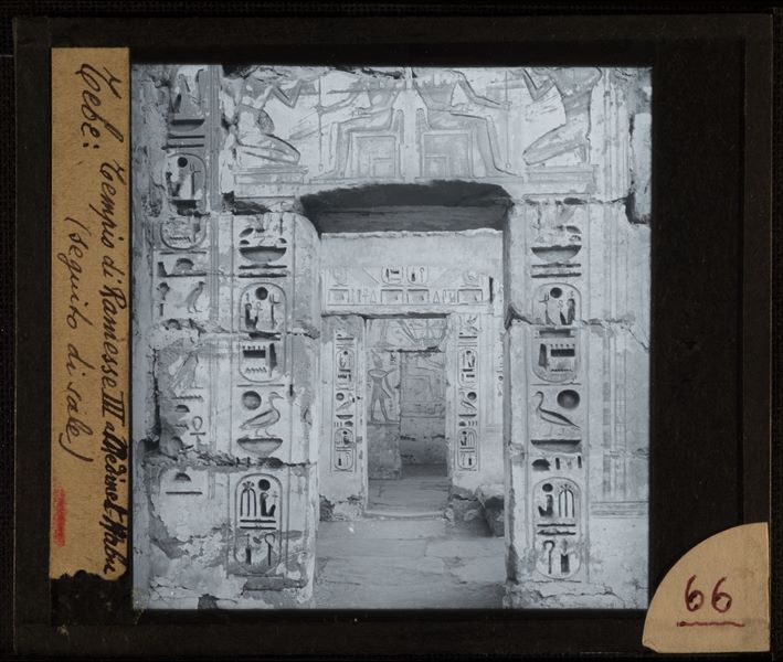 Tomb decorations and inscriptions on the walls of the inner halls in the Temple of Medinet Habu, built by Pharaoh Ramesses III at Thebes, on the west side of the Nile River.