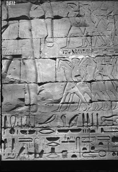 Prima corte, muro ovest, del tempio di Ramesse III. Il faraone presenta i prigionieri dei Popoli del mare agli dei Amon e Mut.
