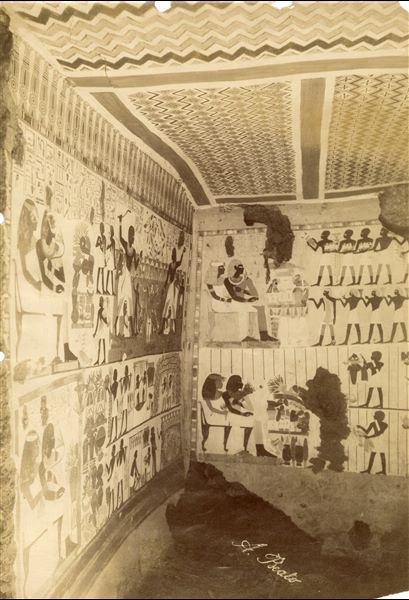 Wall scene from the Tomb of Nakht (TT52), north and west walls. The deceased and his wife are repeatedly seen in front of an offering table, and some work scenes are illustrated. Note that the ceiling is entirely decorated with geometric motifs. The author's signature is clearly visible at the bottom right. 