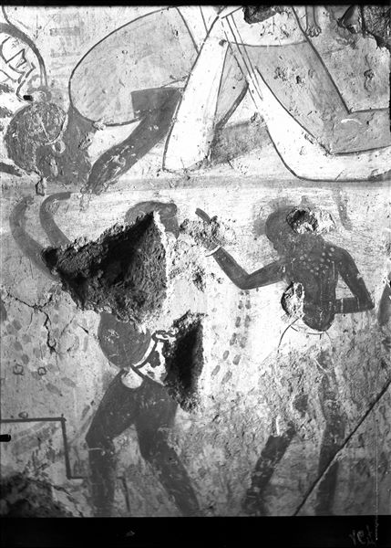 West wall, north side of the transverse chamber from the tomb of Horemheb (TT 78). Detail from the scene in the fifth register from the top, depicting Nubian dancers.