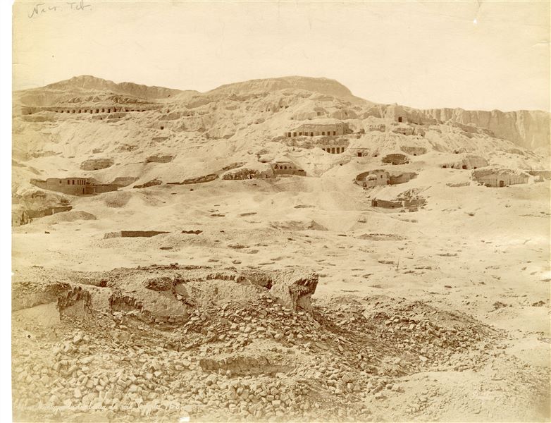 Panorama of a section of the Theban necropolis, on the west bank of the Nile. The author’s signature is visible at the bottom right.