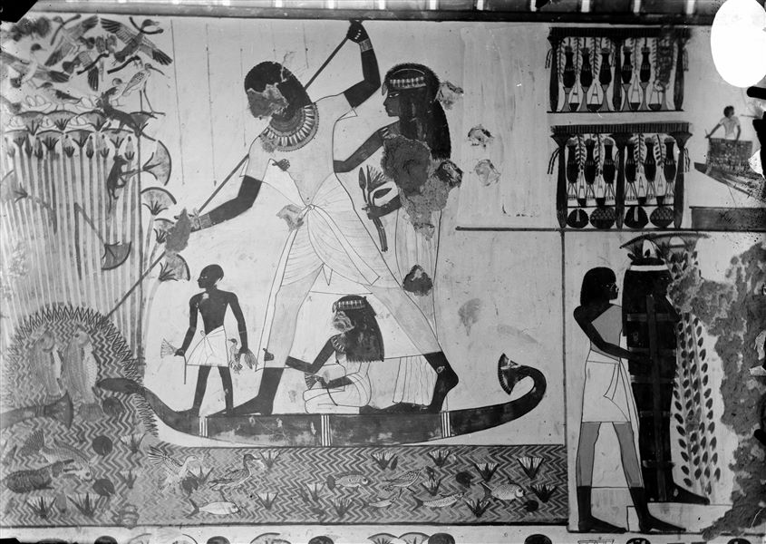 North wall of the longitudinal chamber from the tomb of Menna (TT69). The deceased is represented in a boat, hunting in the marshes. 