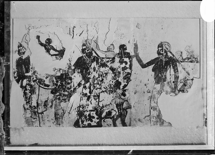 West wall, north side of the transverse chamber from the tomb of Horemheb (TT78). In the fourth register from the top, three Nubian women with children are shown paying their respects to Horemheb. 