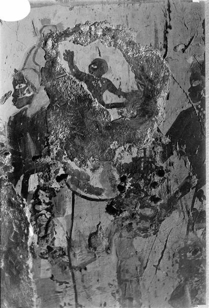 West wall, north side of the transverse chamber from the tomb of Horemheb (TT78). Detail from the scene in the fourth register from the top, depicting a Nubian woman with two children paying their respects to Horemheb. 