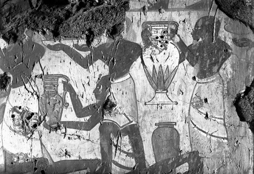 West wall, north side of the transverse chamber from the tomb of Horemheb (TT78). A detail from a wall scene, in the third register from the top, showing Asiatic peoples bringing tribute.  