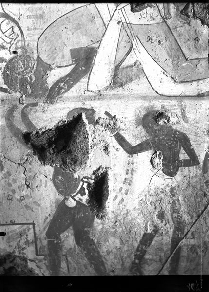 West wall, north side of the transverse chamber from the tomb of Horemheb (TT78). Detail from the scene in the fifth register from the top, depicting Nubian dancers.