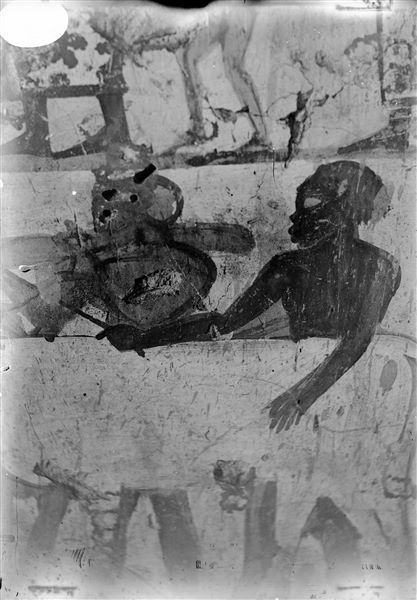 West wall, north side of the transverse chamber from the tomb of Horemheb (TT78). Detail from the scene in the fifth register from the top, depicting a tribute scene.  