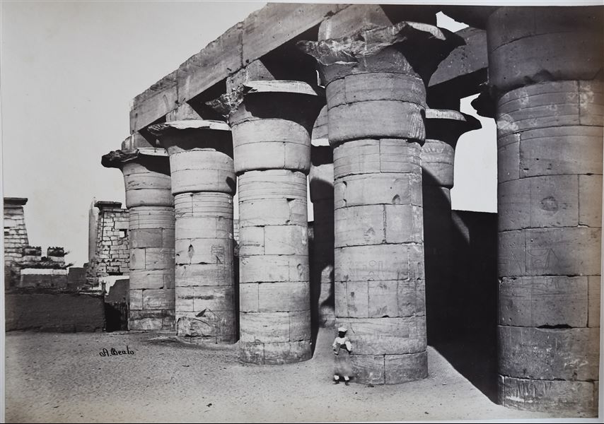 Fotografia del colonnato costruito da Amenhotep III, mentre sullo sfondo si vede il pilone costruito da Ramesse II, nel tempio di Amon a Luxor. Il livello del suolo copre ancora in buona parte l’alzato del colonnato. La firma dell’autore è posta ben visibile in basso a sinistra.  