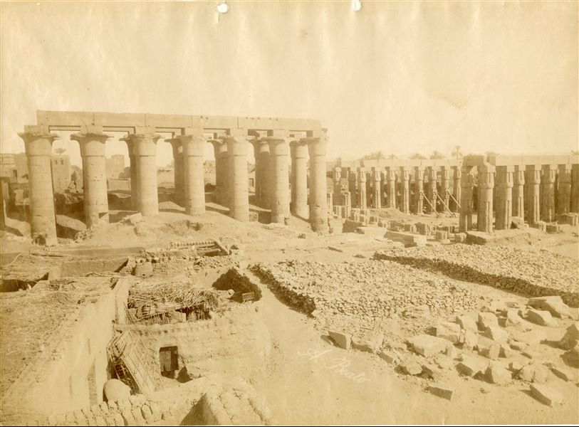 Lo scatto riprende il lato occidentale delle rovine del tempio di Amon a Luxor, tra cui spiccano in particolare il colonnato processionale di Amenhotep III (sinistra) e il cortile anteriore al santuario, fatto costruire dallo stesso sovrano. In basso, la firma dell’autore. 
