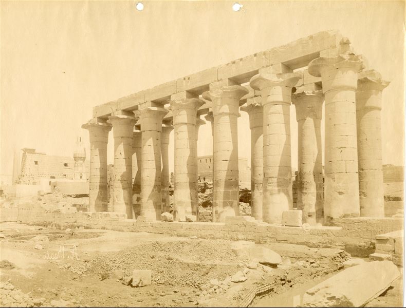L'immagine mostra una parte del colonnato processionale costruito dal faraone Amenhotep III nel tempio di Amon a Luxor. A sinistra si notano anche il pilone con l'obelisco antistante e le rovine del grande cortile di Ramesse II, con il minareto della moschea di Abu’l-Haggag, costruito al suo interno. La firma dell'autore è riportata con grafia speculare in basso a sinistra.  