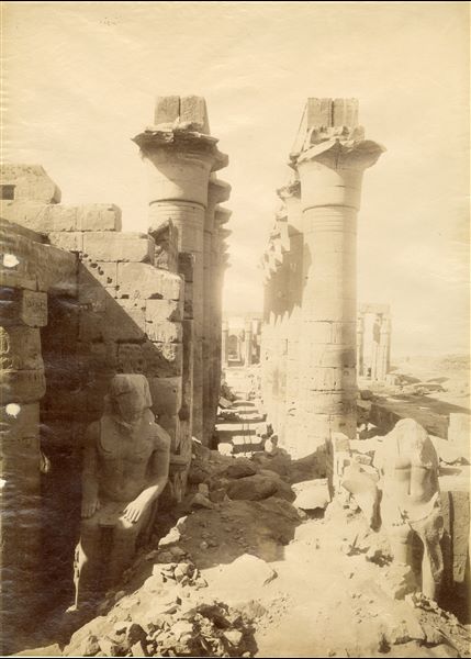 Lo scatto mostra il colonnato processionale costruito dal faraone Amenhotep III nel tempio di Amon a Luxor (guardando verso sud), con uno scorcio sul cortile anteriore del santuario; in primo piano, i colossi di Ramesse II, e si intravede, in basso a sinistra, la regina Nefertari scolpita accanto alla gamba destra del colosso. In basso al centro si trova la firma dell’autore.  