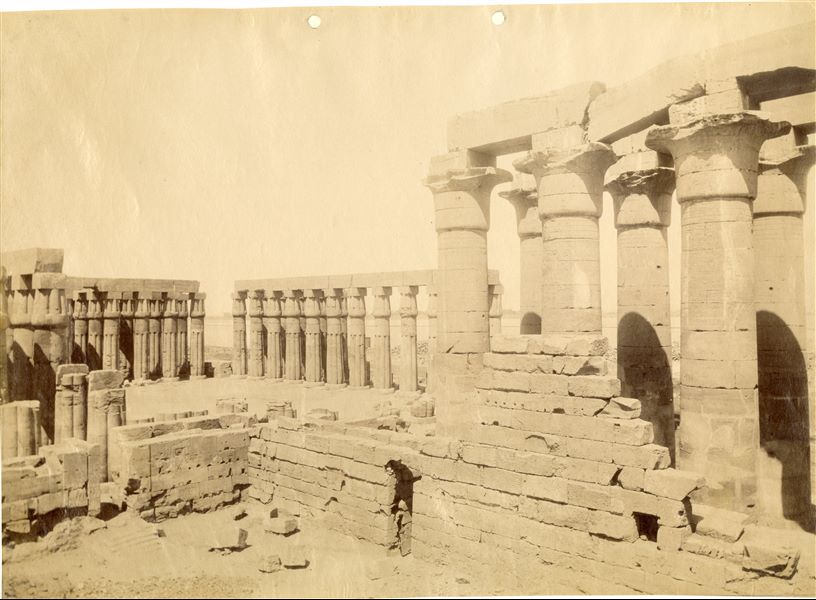 La fotografia mostra la veduta da est delle rovine del tempio di Amon a Luxor, di cui si vedono la parte finale del colonnato processionale di Amenhotep III (a destra) e la seconda corte colonnata del santuario, costruita dallo stesso sovrano.