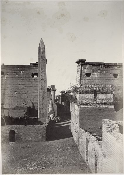 La fotografia mostra l’ingresso del tempio di Amon a Luxor, dove sono riconoscibili l’obelisco superstite e il pilone eretti da Ramesse II, in mezzo ad abitazioni e/o 
costruzioni moderne. La statua del sovrano, posta accanto l’accesso al pilone, risulta in buona parte ancora interrata. La firma dell’autore è posta in basso a sinistra.