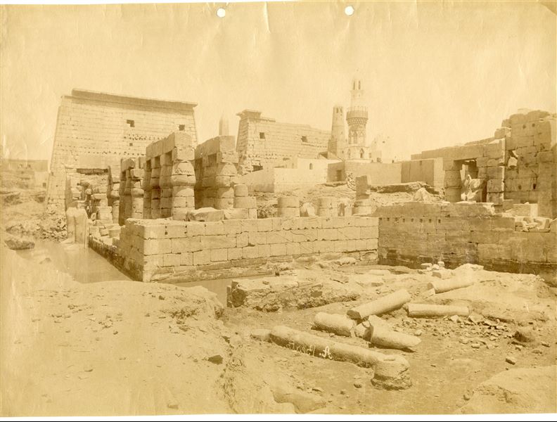 La fotografia ritrae i resti architettonici oltre il pilone d'accesso al tempio di 
Amon a Luxor, di cui si riconoscono il grande cortile di Ramesse II e la moschea al suo interno. Da 
notare la presenza delle acque della piena del Nilo, ormai passata, mentre si stanno ritirando. La 
firma dell'autore è apposta in basso al centro, con grafia speculare.
