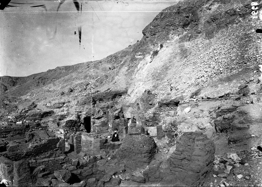 The mud-brick remains of the Coptic monastery at Deir er-Rumi. On the left, the final section of the Valley. Schiaparelli excavations. 
