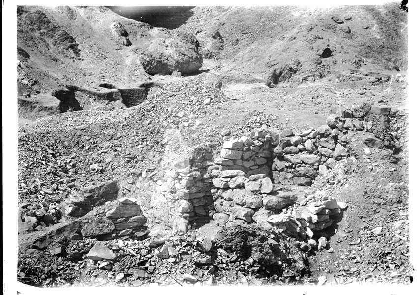 Archaeological remains of a structure in the plain of the Valley of the Queens (from original label: on the left bank of the stream, the ruins of houses of the keepers of the Necropolis) Scavi Schiaparelli. 