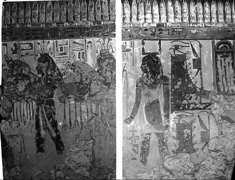 Wall scene from tomb QV36, attributed to an unnamed princess (“King’s Daughter”). The photograph shows portions of the wall that are now partially damaged. Schiaparelli excavations.