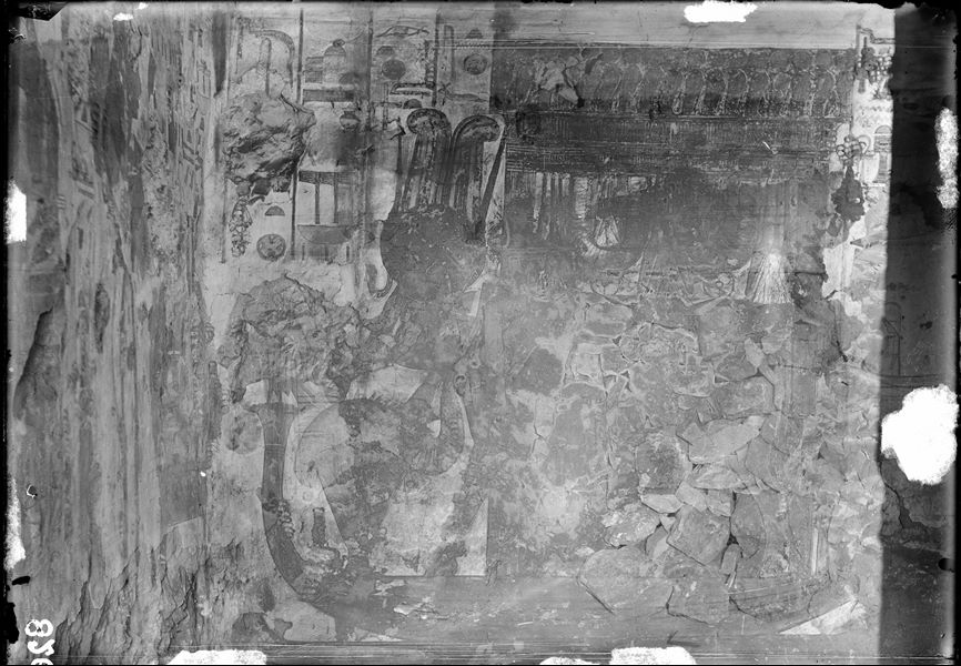 Double exposed photograph, however only one of the two images is recognisable: a badly preserved wall from the tomb of an anonymous Queen (QV40). Schiaparelli excavations.