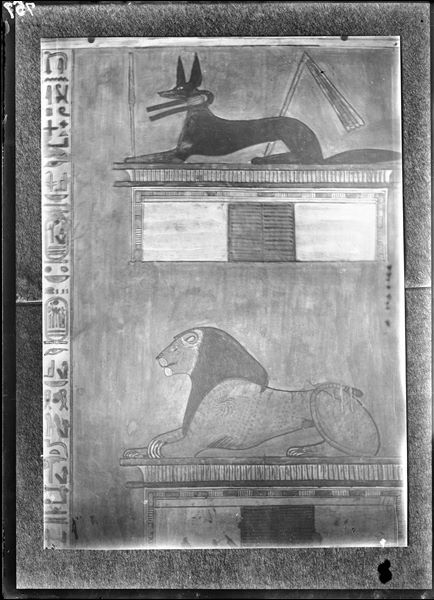 North-eastern wall of the rear annex (scene 16) from tomb QV44. In the upper register there is a guardian in the form of a jackal seated on a shrine and in the lower register a guardian in the form of a lion seated on a shrine. Schiaparelli excavations.