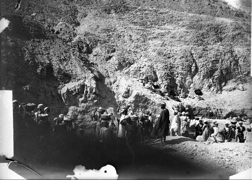 Excavating at the end of the Valley of the Queens, at the site of the still unknown (at the time) tomb of Khaemwaset (QV44). Shortly afterwards this work led to the discovery of the tomb on February 15th 1903. Schiaparelli excavations.