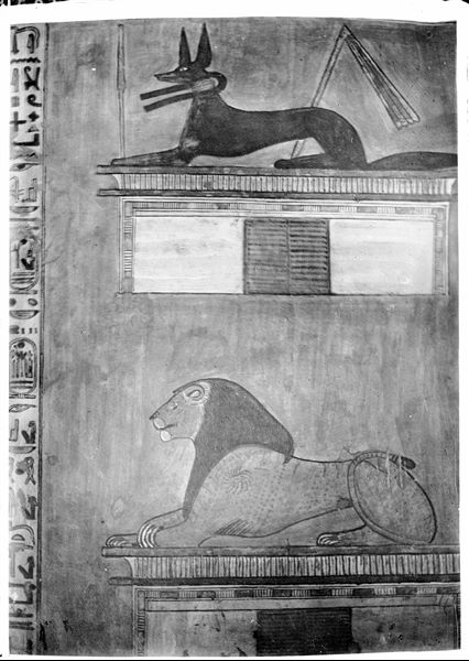 North-eastern wall (of the entrance) of the rear annex (scene 16) from tomb QV44. In the upper register there is a guardian in the form of a jackal seated on a shrine and in the lower register a guardian in the form of a lion seated on a shrine. Schiaparelli excavations. 
