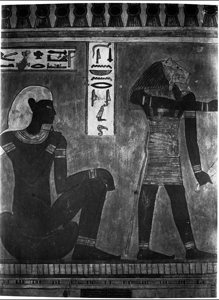 North wall (of the entrance), west side of the rear annex (scene 18) from tomb QV44. The god Heryma’at is depicted on the left and the lion-headed spirit  Nebneryu is on the right. Schiaparelli excavations. 