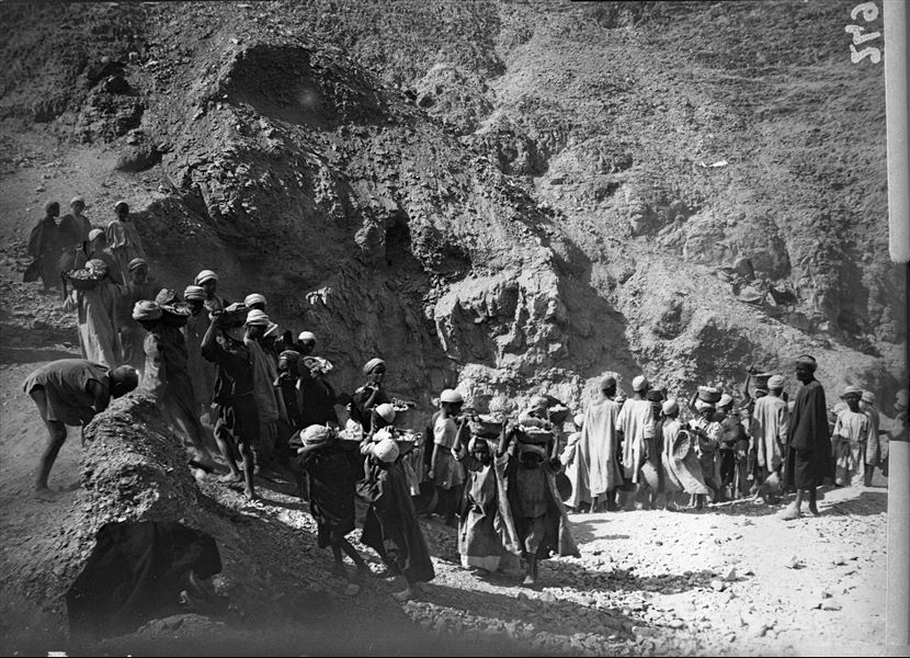 Excavating at the end of the Valley of the Queens, at the site of the still unknown (at the time) tomb of Khaemwaset (QV44). Shortly afterwards this work led to the discovery of the tomb on February 15th 1903. Schiaparelli excavations.