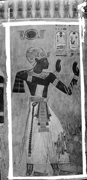 East wall of the rear annex (scene 17) from tomb QV44, depicting Pharaoh Ramesses III. Schiaparelli excavations.