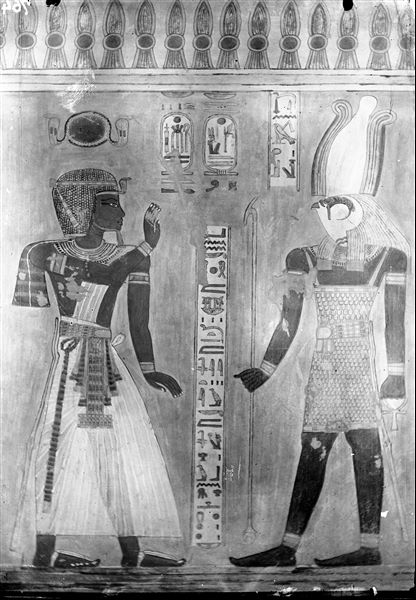 East wall of the rear annex (scene 17) from tomb QV44, depicting Pharaoh Ramesses III worshipping the god Harsiesi. Schiaparelli excavations.