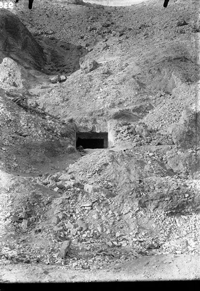 External view of the newly discovered tomb of Prince Khaemwaset (QV44). The tomb of Setiherkhepeshef to the left, had not yet been discovered (at the time of taking the photograph). Schiaparelli excavations.