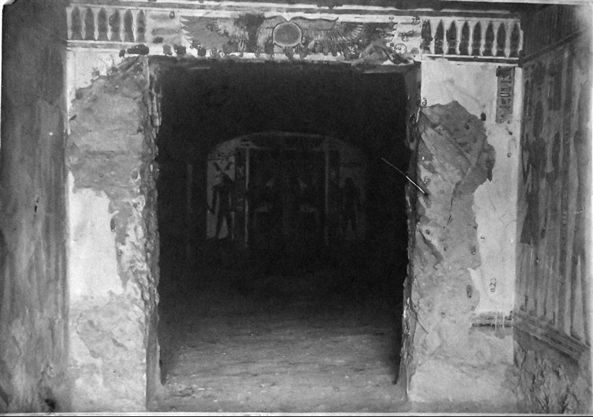 Tomb of Prince Khaemwaset (QV44), son of Ramesses III, photographed after the removal of the many wooden coffins found inside. What remains of the Prince’s pink granite sarcophagus is still in place inside the tomb. Angelo Sesana Archive. 
