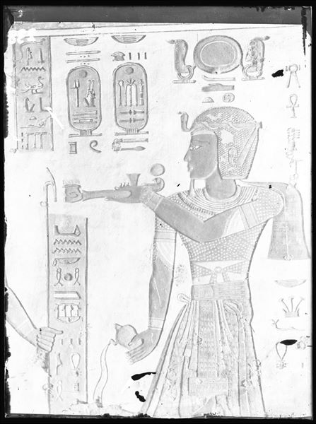 West wall of the vestibule (scene 5) from tomb QV44, depicting Ramesses III facing the god Geb (the latter not visible in this photograph). Schiaparelli excavations.