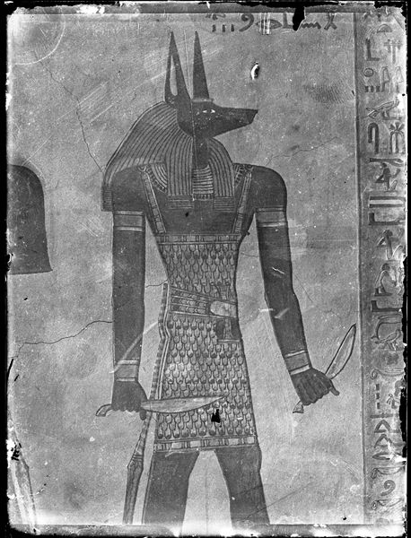  West wall from the burial chamber in the tomb of Prince Amonherkepeshef (QV 55), with a depiction of a gate deity/guardian. Schiaparelli excavations. 