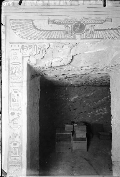 Access to the rear annex from the burial chamber, tomb of Amonherkhepeshef (QV55).  Some crates from the Italian Archaeological Mission are visible. Today the room houses the prince's granite sarcophagus. Schiaparelli excavations.