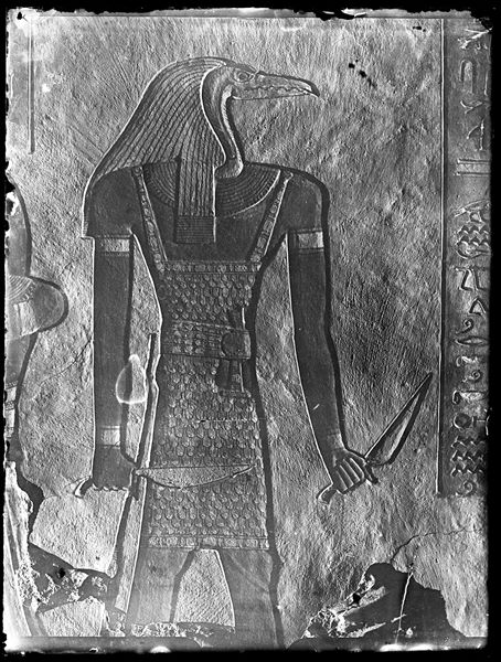  Wall from the burial chamber of the tomb of Prince Amonherkepeshef (QV 55) with a depiction of a gate deity/guardian. Schiaparelli excavations. 