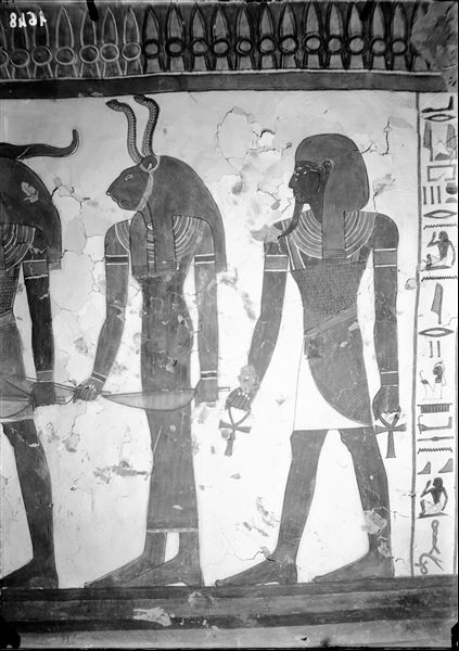Burial chamber, west wall, scene 30. The three guardians of the second door, which Nefertari must pass through, are represented here. 