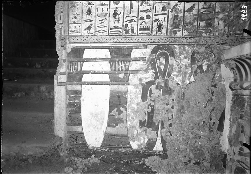 Interior of the tomb of Nefertari, antechamber, scene 2: lower register decorated with two painted Djed pillars and two Tit knots.
