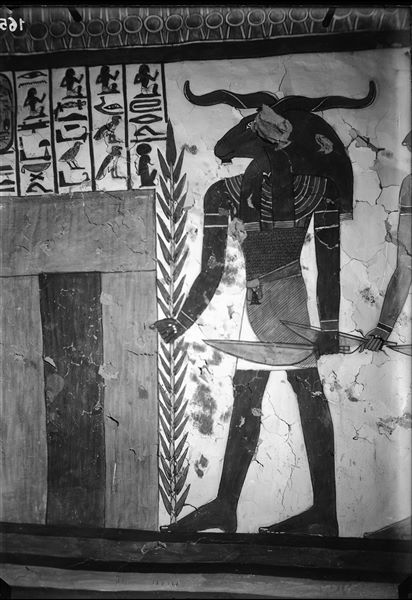 Burial chamber, west wall, scene 30. The representation of Spell 144 of the Book of the Dead continues. The second portal, which Nefertari must pass through, can be seen as well as one of her guardians (the other two are not visible here).
