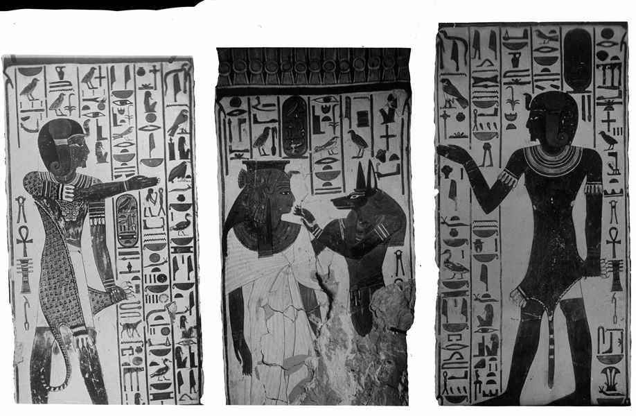 Photographic collage of three sides of three different pillars from the burial chamber, from left: pillar A, side a (the god Iunmutef); pillar D, side d (the god Anubis and Nefertari); pillar C, side a (the god Horendotes).