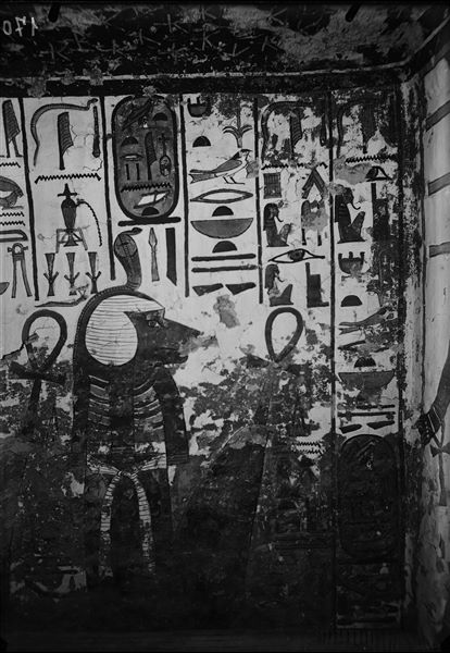 Western annex, north wall, scene 36. Hapy is depicted, behind him are Qebehsenuf and the goddess Nephthys, not visible in this photograph.