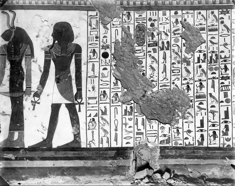 Burial chamber, west wall, scene 30. Two of the three guardians (the third is not visible here) of the second portal, which Nefertari must pass through, are depicted. There is also a continuation of the text from Spell 144 of the Book of the Dead. In recent times part of the plaster on this wall has collapsed.