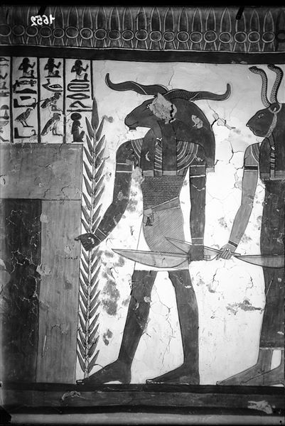Burial chamber, west wall, scene 30. The representation of Spell 144 of the Book of the Dead continues. The second portal, which Nefertari must pass through, can be seen as well as two of her guardians (the third is not visible here).