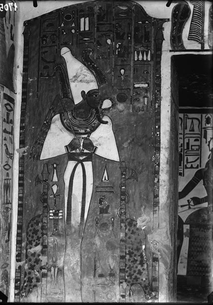 Wall decoration, scene 11, east of the access to the descending corridor leading to the burial chamber, with the god Osiris facing the vestibule.