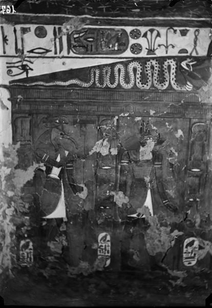 Western annex, west wall (back), scene 36.  Depicted inside a sanctuary are the gods Thoth and Anubis, and to the right on the same wall, Imseti and Thoth again (Imseti and the second image of Thoth are not visible in this photograph).