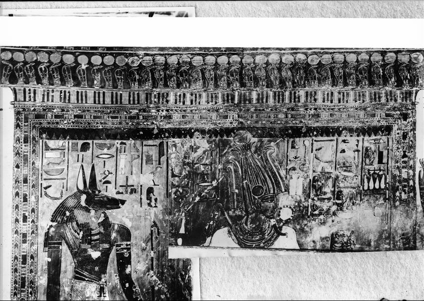 Photograph of a recomposition of images relating to the south-east and south walls of the antechamber A, scenes 5 and 6, showing the gods Anubis and Osiris, inside a sanctuary.