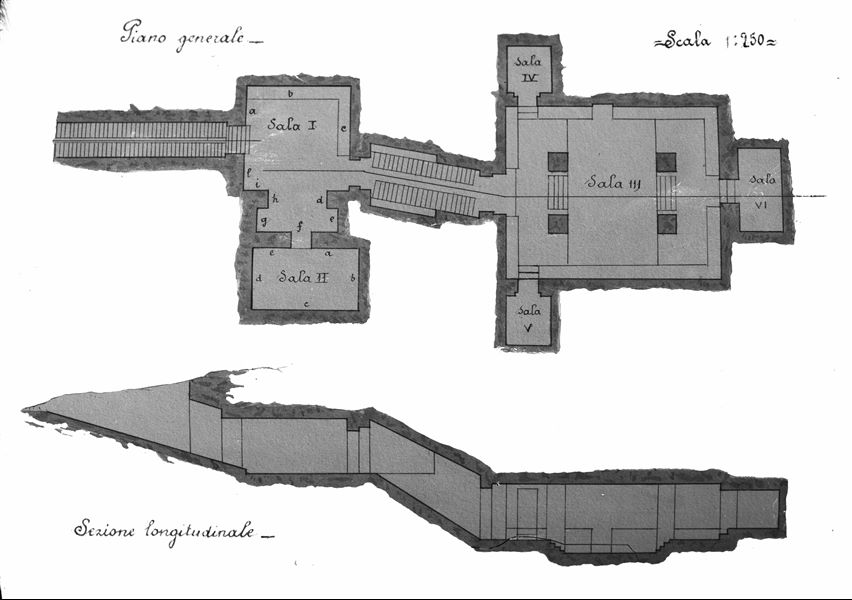 Floorplan and longitudinal section of the tomb of Nefertari, drawn by Francesco Ballerini, scale 1:250. 