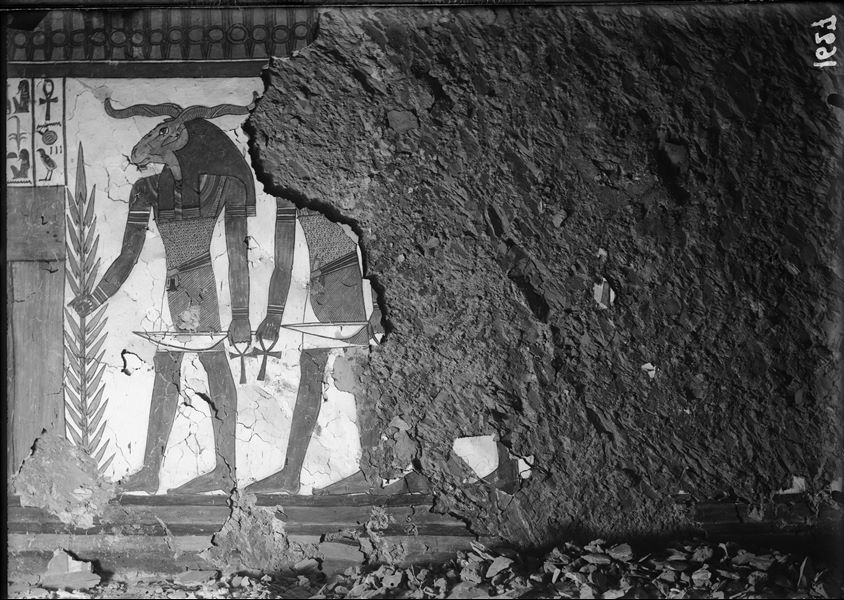 Burial chamber, west wall, scene 30. This part of the wall is quite damaged, however two guardians of the third portal, which Nefertari has to pass through, can be recognised.