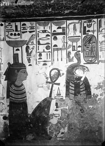 Western annex, north wall, scene 36. Depicted from the left: the goddess Nephthys and Qebehsenuf. On the right, Hapy, not visible in this photograph. 